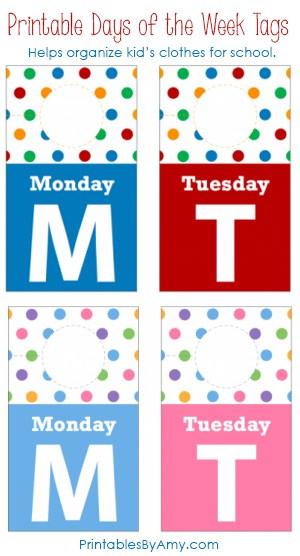 Days Of The Week Closet Tags Back To School Organization Printable