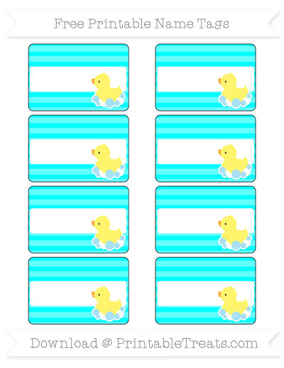 Free Aqua Blue Horizontal Striped Baby Duck Name Tags Printable 