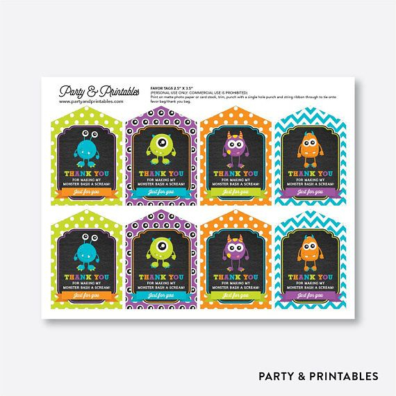 Instant Download Monster Favor Tags Monster Thank You Tags Favor Tags 