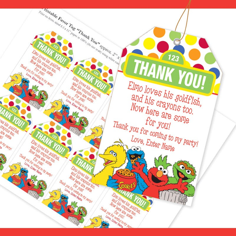 EDITABLE Name PDF Sesame Street Favor Tag Thank YouTag
