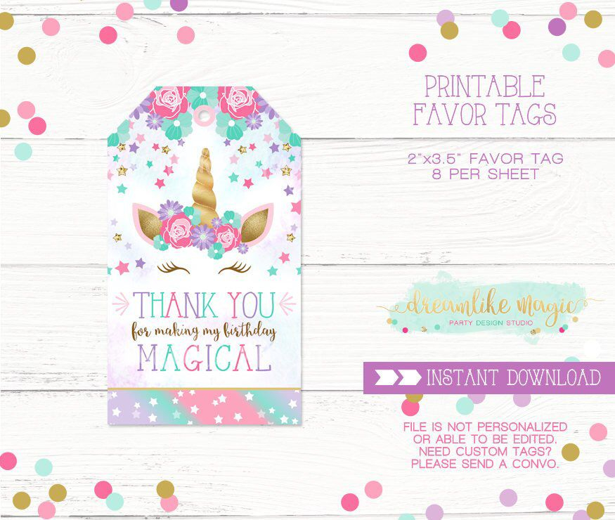 Unicorn Thank You Tag Unicorn Party Favor Tag Unicorn Favor Tag 