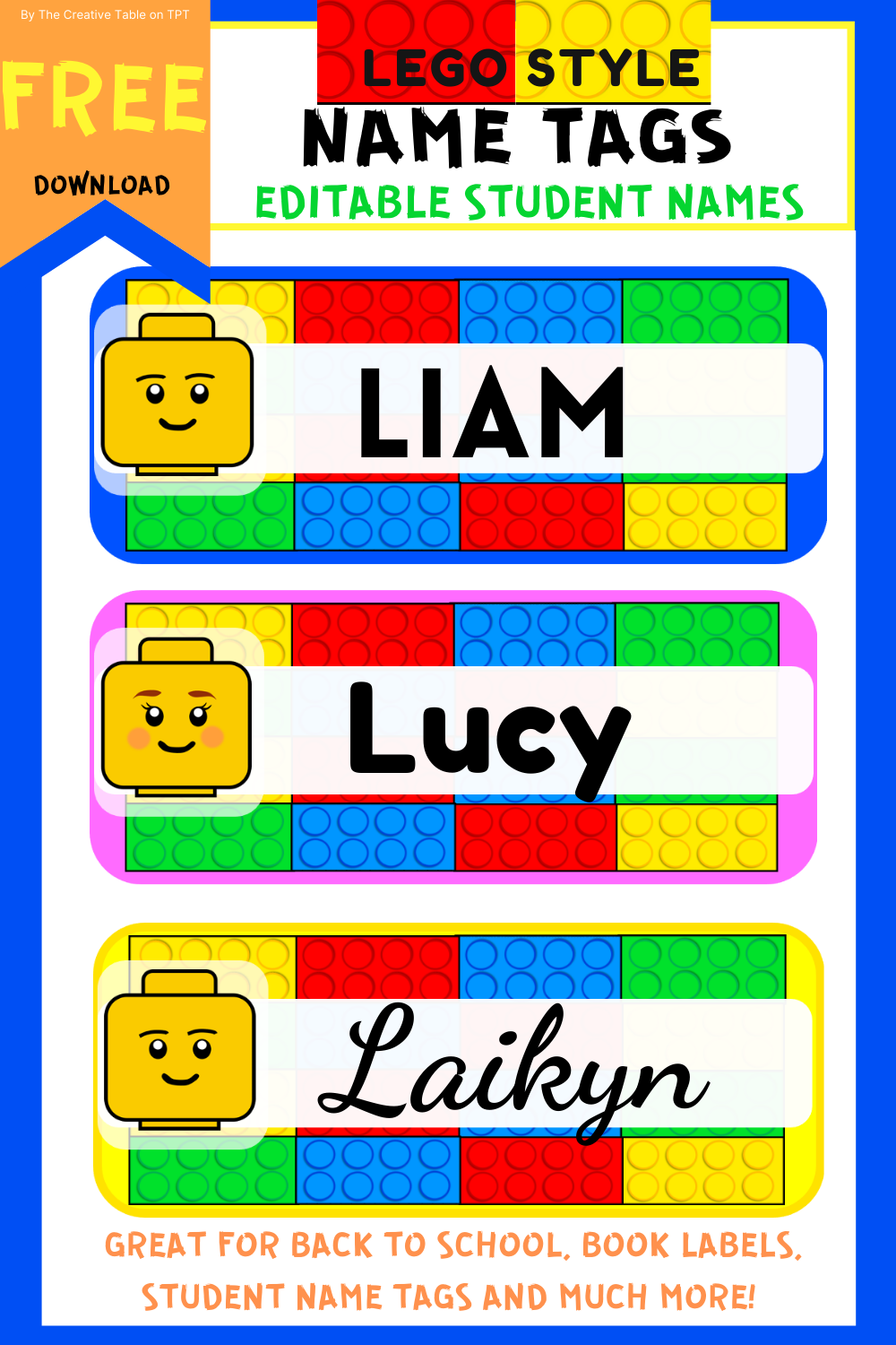 STUDENT NAME TAGS LEGO STYLE Name Tag For School School Labels