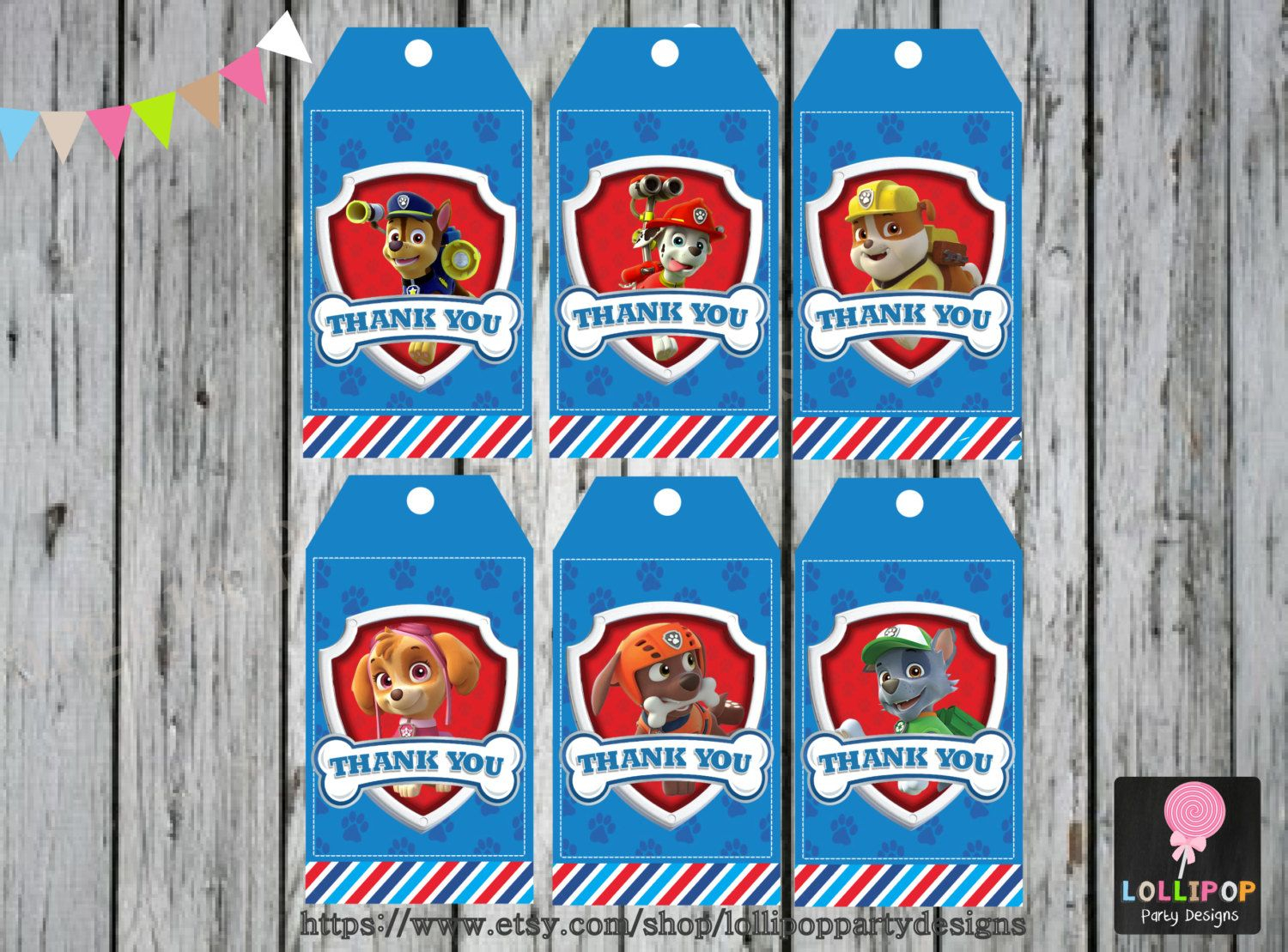 6x PAW PATROL Thank You Tags Printable Favour Tags Labels
