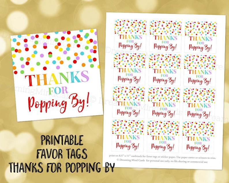 Printable Thanks For Popping By Favor Tags Rainbow Confetti Etsy In 
